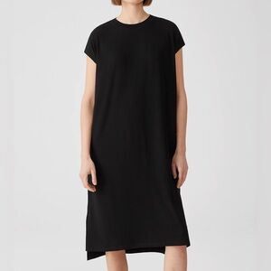Eileen Fisher Black Jersey Knit Crewneck Cap Sleeve Hi Low MIDI Dress Sz Large